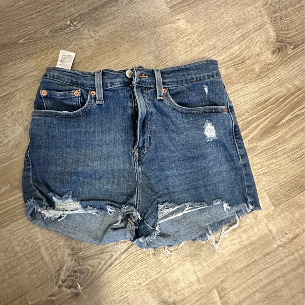 Levi’s short denim shorts. Stretchy with some give. Super comfortable!